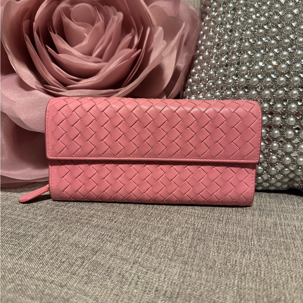 Bottega Veneta Pink Woven Leather Wallet